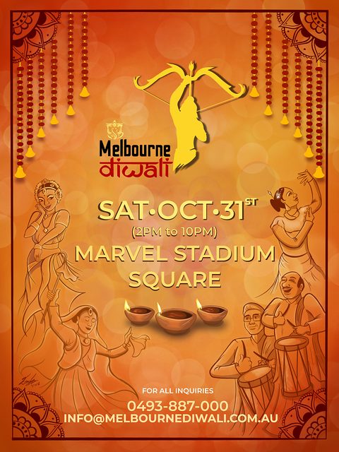 The Melbourne Diwali 2026 poster, hand-drawn by Emma Clarke: dancers, dhol players, three diyas and the archer from the festival logo on a warm orange background
