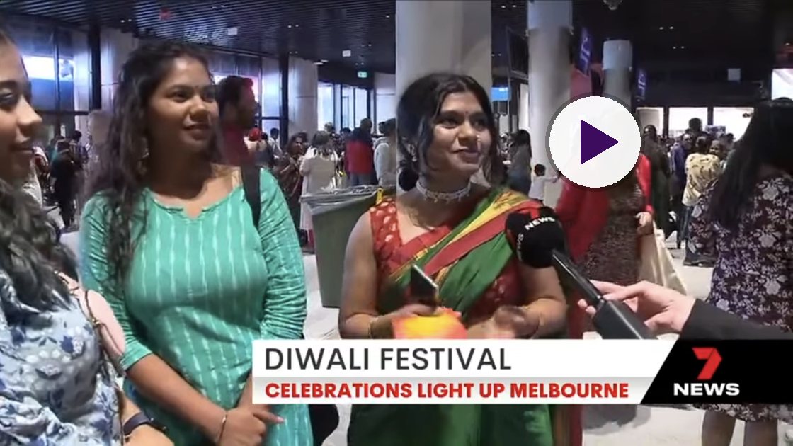 Play: festival-goers in their Diwali best, interviewed by 7NEWS at Melbourne Diwali