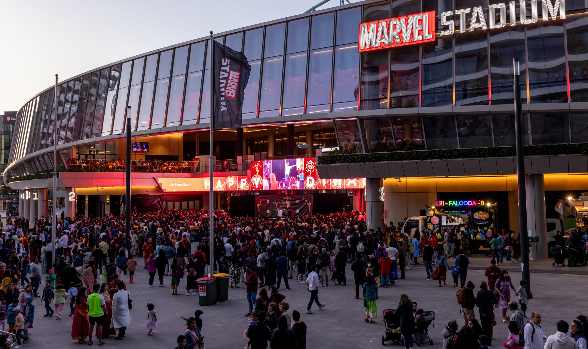 Crowds outside Marvel Stadium at dusk during Melbourne Diwali