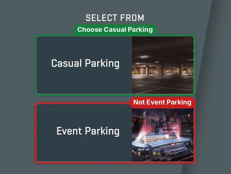 Marvel Stadium parking site showing two choices, Casual Parking (circled green, choose this) and Event Parking (circled red, not this)