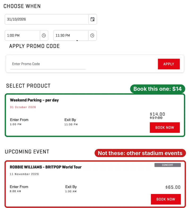 Booking page for 31 October 2026, 1:00 PM to 11:30 PM: Weekend Parking per day at $14.00 circled green; an Upcoming Event concert at $65.00 circled red