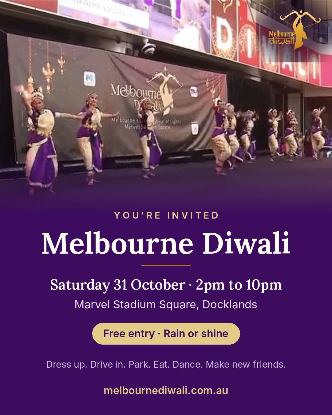 Invitation card: Melbourne Diwali, Saturday 31 October, 2pm to 10pm, Marvel Stadium Square. Free entry, rain or shine.